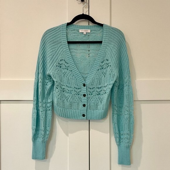Intermix Brea Cropped Pointelle-knit Cardigan- Turquise- Small - Picture 2 of 6